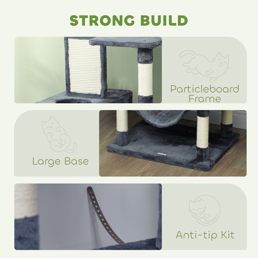 81" Cat Tree w/ Cat Scratching Posts, Scratching Board, Condos, Beds, Hammocks, Toy Balls, Rope Cat Toy, Gray